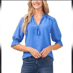 Cece Women's Split-Neck Clip-Dot Elbow Sleeve Blouse